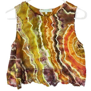 Alexis Tie Dye Tank Top Womens Small Lace Trim Geode Handmade Gold Orange Cotton